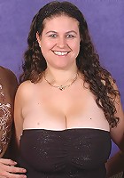 Giant tits Denise Davies sucking and spitroasted by two cock