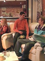 Fat bitch rides his dick on a couch